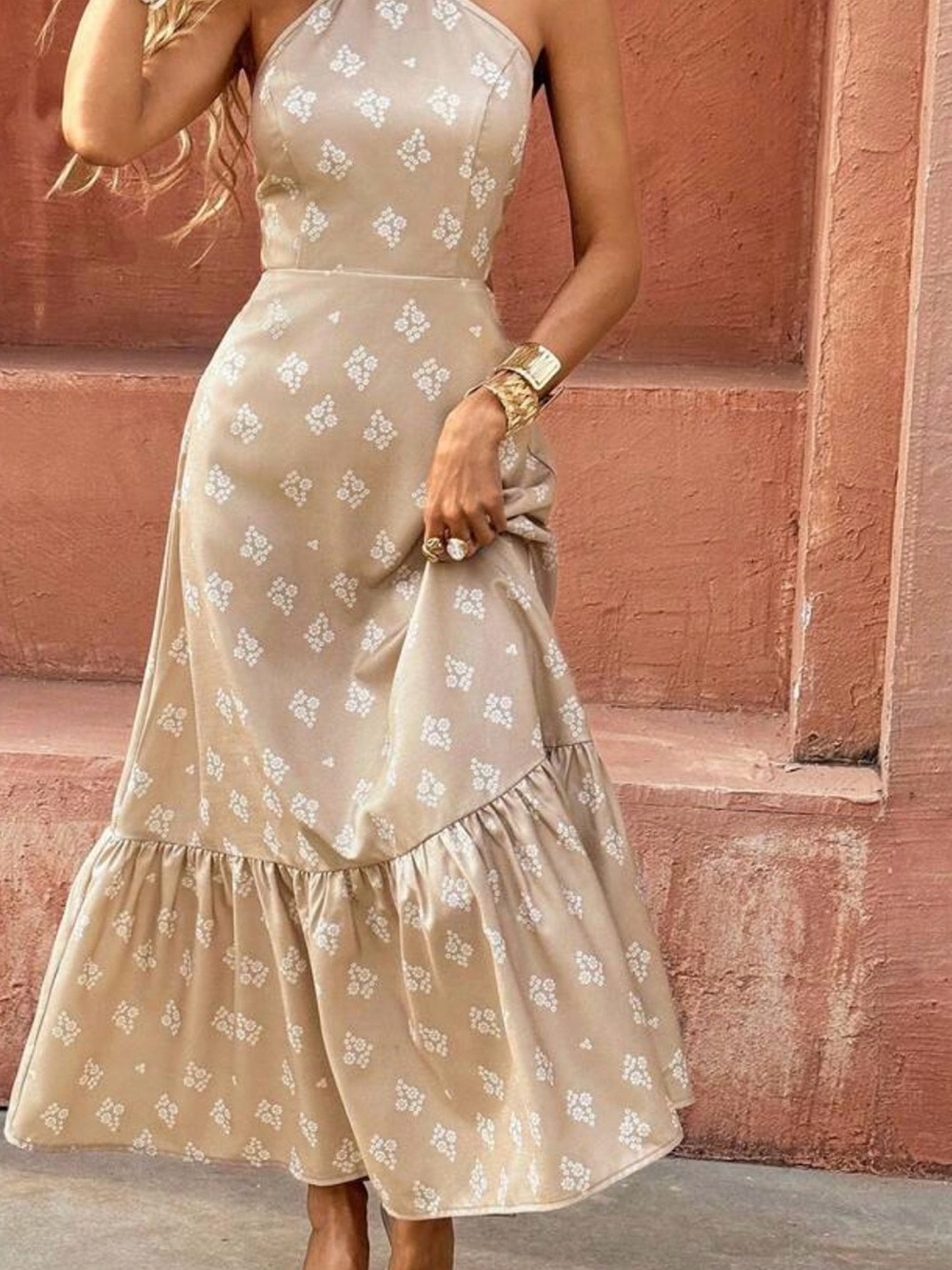 Women’s Beige Floral Halter Maxi Dress